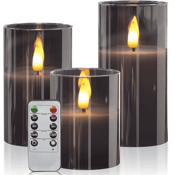 HIDAWN Flameless Candles Flickering with Remote and Timer,3D Wick Acrylic Electric Fake Candles, Battery Operated LED Pillar Candle-Gray 4''x5''x6''