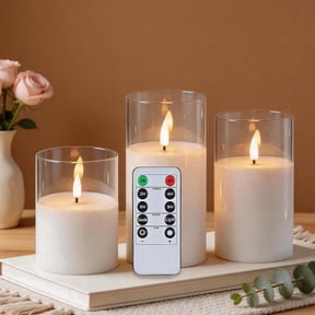 HIDAWN Flameless Candles Flickering with Remote and Timer,3D Wick Acrylic Electric Fake Candles, Battery Operated LED Pillar Candle-White4''x5''x6''