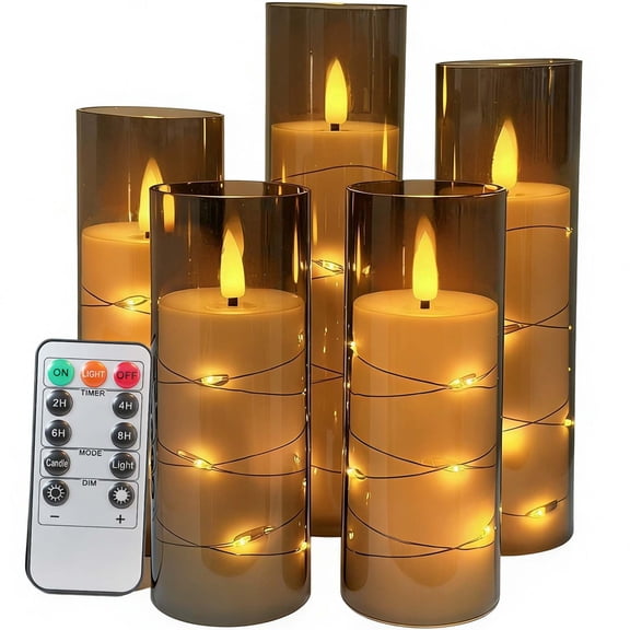 HIDAWN Flameless Pillar Candles with Remote,Embedded Star String Fairy Lights LED Fake Candles,5PC Battery Operated Flicker Electric Candle-Grey(H5"5"6"7"8")