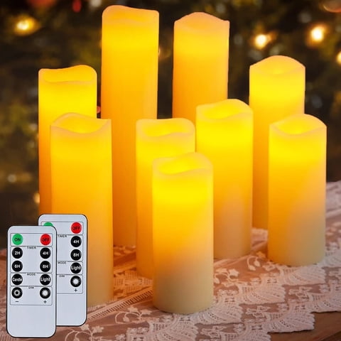 HIDAWN Flameless Pillar Candles with Remote,9 Pack Outdoor Large LED Fake Candles Battery Operated Electric Votive Flicker Lights,Ivory