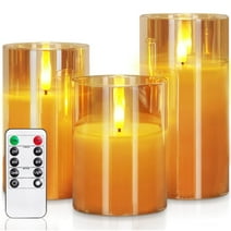 HIDAWN Flickering Flameless Candles, Unbreakable 3D Wick Acrylic Battery Operated LED Pillar Candles - Battery Candles with Remote and Timer 3 Pack Gold 4''x5''x6