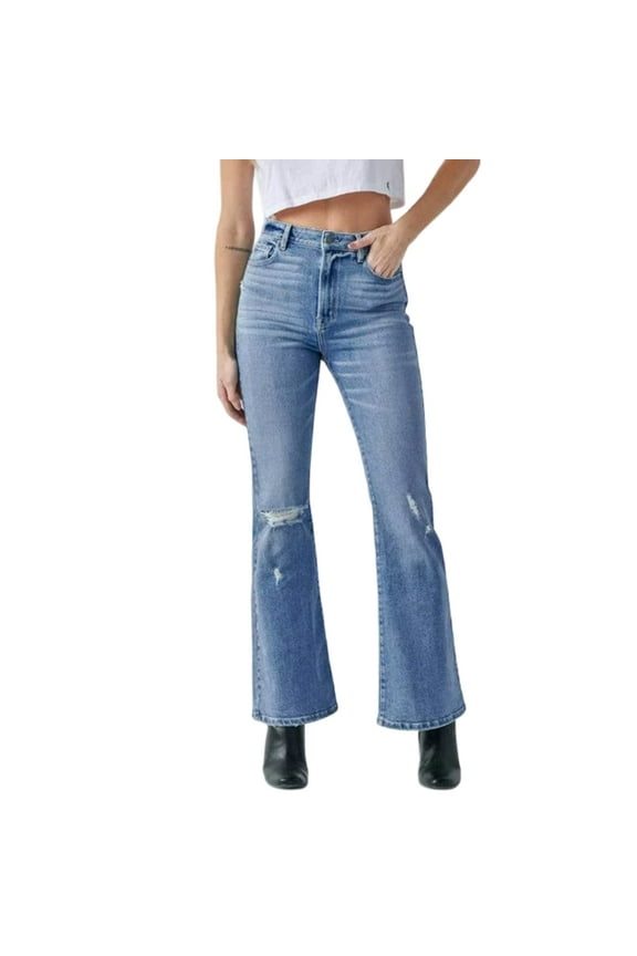 HIDDEN Women's Happi High Rise Distressed Light Wash Denim Flare Jeans-Blue / 27