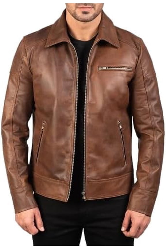 Brown Leather Biker Jacket, Real Sheep Skin, Zippered (US, Alpha, 3X-Large, Regular, Regular, Brown)