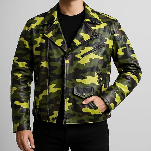 HIDE CRAFTS Camouflage Motorcycle Jacket, Military Green and Yellow Print, Multi-Pocket Design with Zipper Closure (US, Alpha, 3X-Large, Regular, Regular, Green and Yellow)