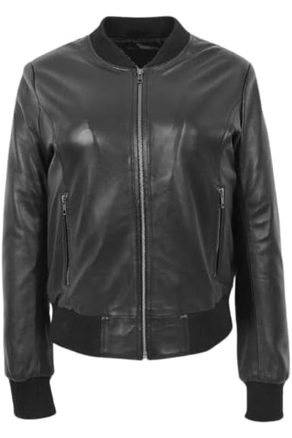 Classic Leather Bomber Jacket, Black, Ribbed Collar and Cuffs, Full Zip Front (US, Alpha, X-Large, Regular, Regular, Black)