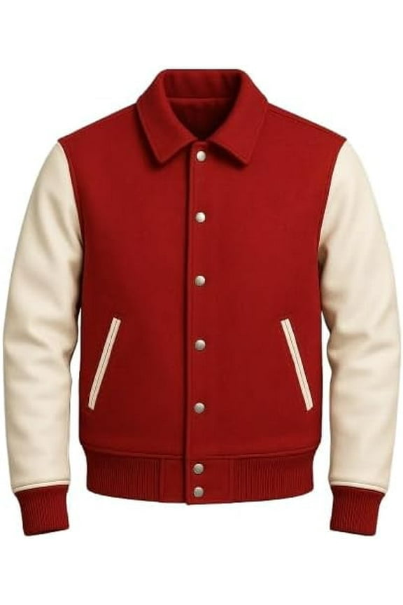 Classic Varsity Jacket, Red and Cream, Wool Blend with Leather Sleeves, Snap Button Front (US, Alpha, Large, Regular, Regular, Red and Creme)