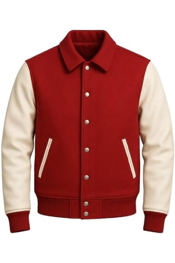 Classic Varsity Jacket, Red and Cream, Wool Blend with Leather Sleeves, Snap Button Front (US, Alpha, Medium, Regular, Regular, Red and Creme)