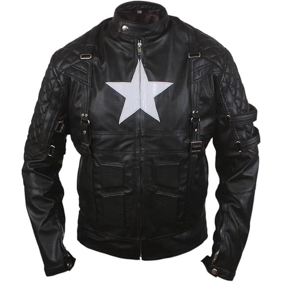HIDE CRAFTS F&H Men's Black Leather Jacket, Genuine Leather, Captain Star Shield Design (US, Alpha, Medium, Regular, Regular, Black)