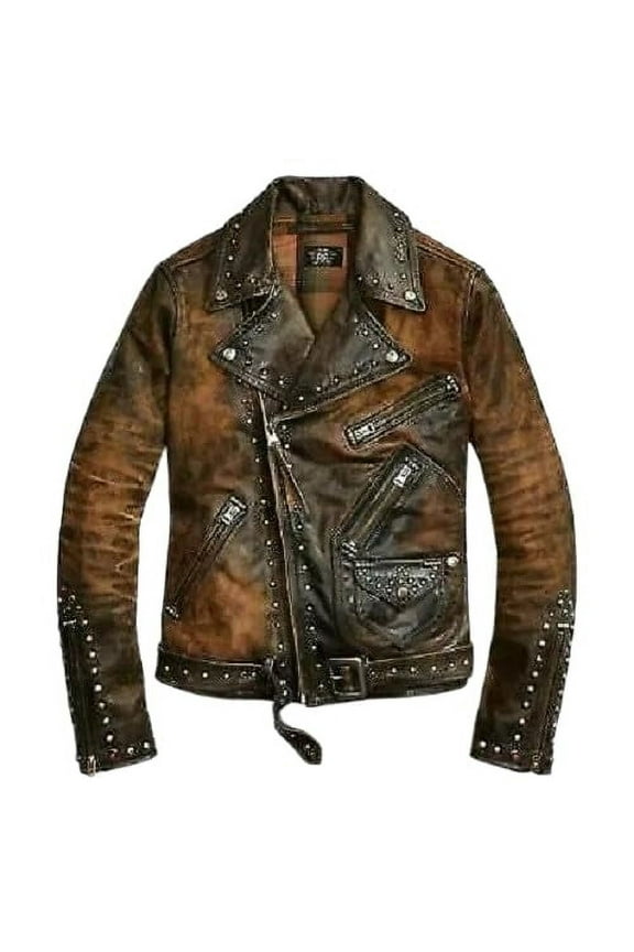 Leather Jacket brown Black Punk Full Silver Spiked Studded Zippered Jacket (US, Alpha, Large, Regular, Regular, Brown and Black)