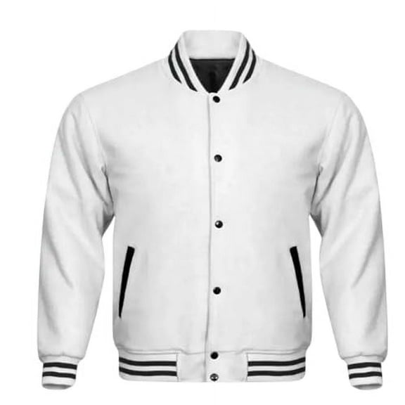 HIDE CRAFTS Men and Women Varsity Baseball College Lettermen Retro Bomber Classic Solid White All Wool Jacket with Black Trimming (US, Alpha, 3X-Large, Regular, Regular, White)