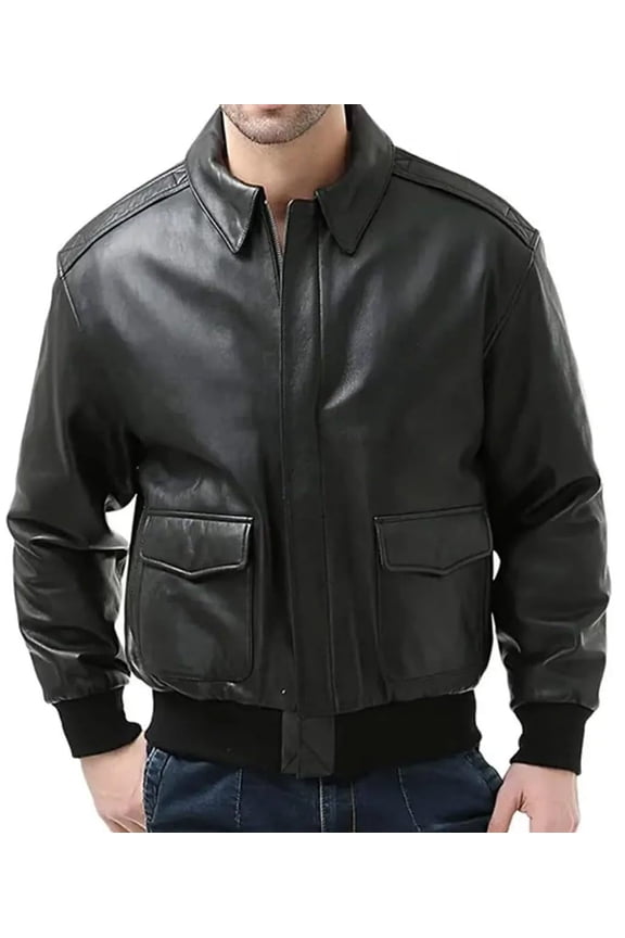 Men's Black Air Force A-2 Goatskin Leather Jacket, Zip Front, Flap Pockets (US, Alpha, Medium, Regular, Regular, Black)