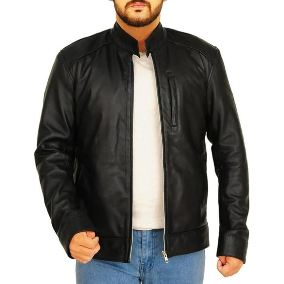 HIDE CRAFTS Men's Black Leather Biker Jacket with Zipper and Collar, Size Large (US, Alpha, X-Large, Regular, Regular, Black)