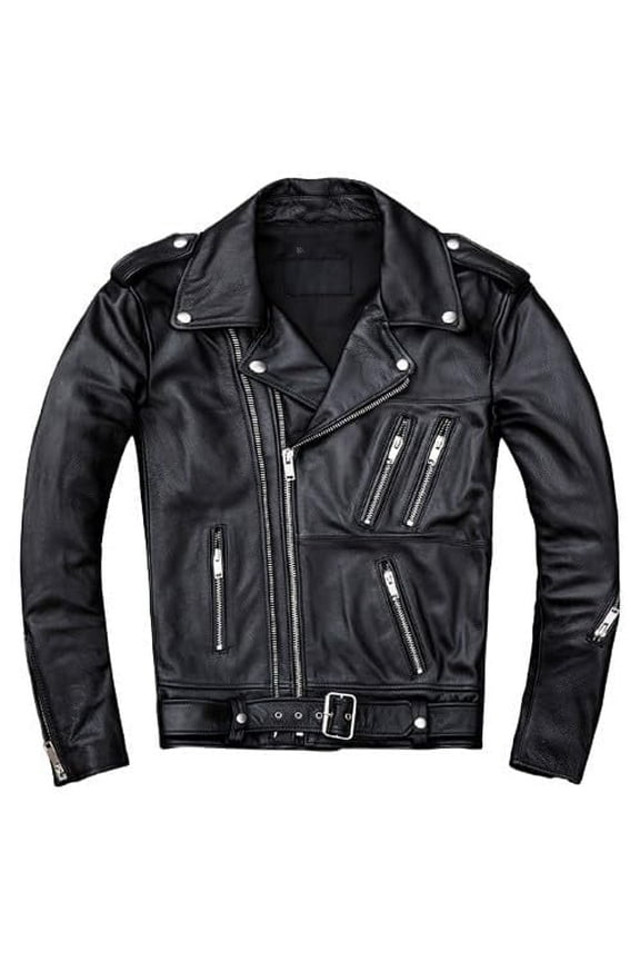 Men's Black Sheepskin Leather Biker Jacket, Slim Fit Asymmetric Zip (US, Alpha, Medium, Regular, Regular, Black)