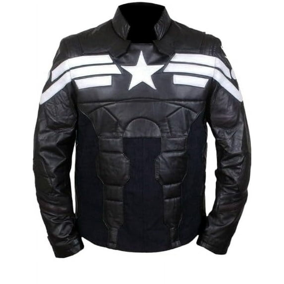 HIDE CRAFTS Men's Black Synthetic Leather Jacket with Star Superhero Captain Style (US, Alpha, Large, Regular, Regular, Black)