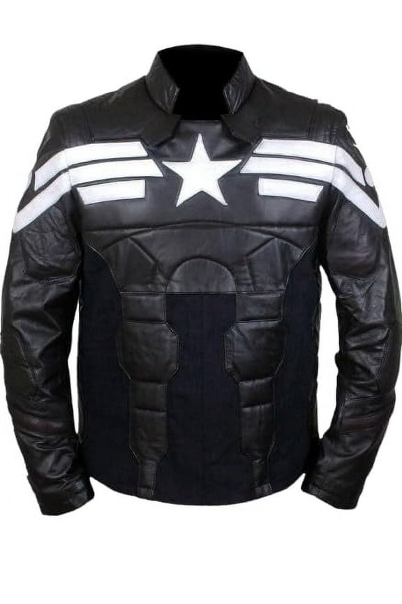 Men's Black Synthetic Leather Jacket with Star Superhero Captain Style (US, Alpha, X-Large, Regular, Regular, Black)