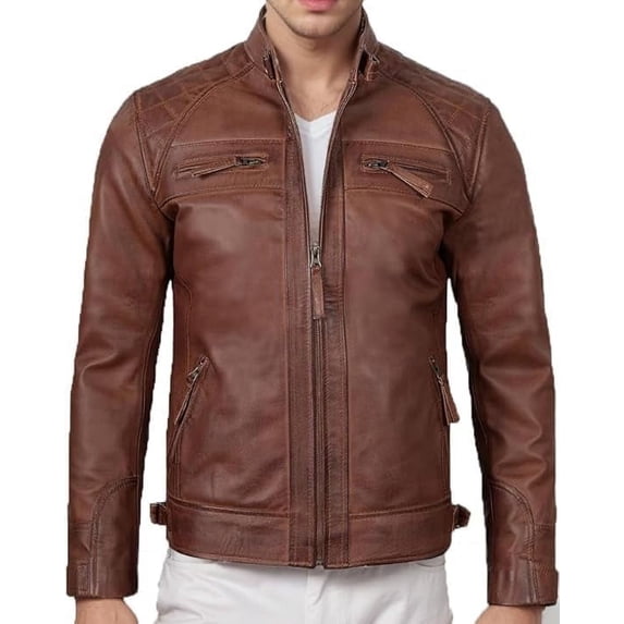 HIDE CRAFTS Men's Black and Brown Genuine Lambskin Leather Biker Jacket, Vintage Motorcycle Jackets (US, Alpha, XX-Large, Regular, Regular, Brown)