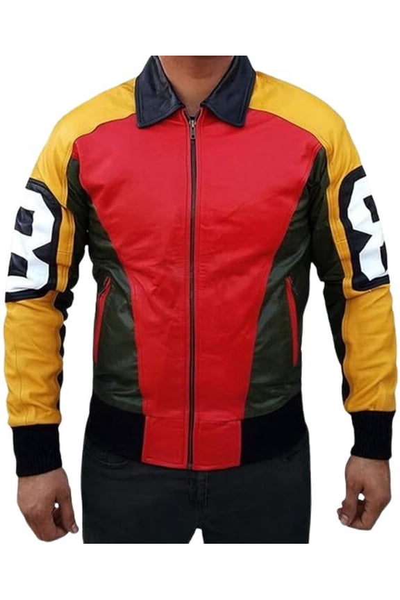Men's Color Block Bomber Jacket, Red and Yellow with Navy Collar, Zip Front (US, Alpha, 3X-Large, Regular, Regular, Black and Red)