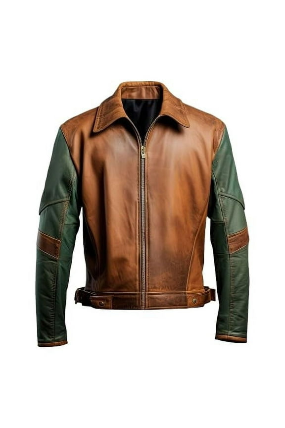 Men's Distressed Brown Sea Green Leather Jacket with Shirt Collar, Lightweight Racing Style (US, Alpha, Medium, Regular, Regular, Brown Sea Green)