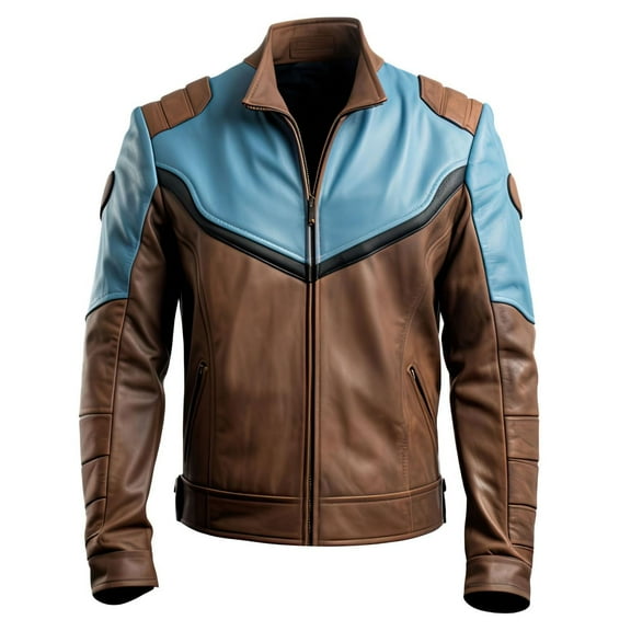 HIDE CRAFTS Men's Dusty Blue Brown Genuine Sheepskin Biker Leather Jacket, Stand Collar, Zip-up, Racer Style (US, Alpha, X-Large, Regular, Regular, Dusty Blue and Brown)