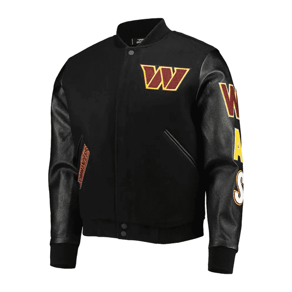 HIDE CRAFTS Men's Washington Commanders Letterman Black Jacket Wool Leather Sleeves Varsity