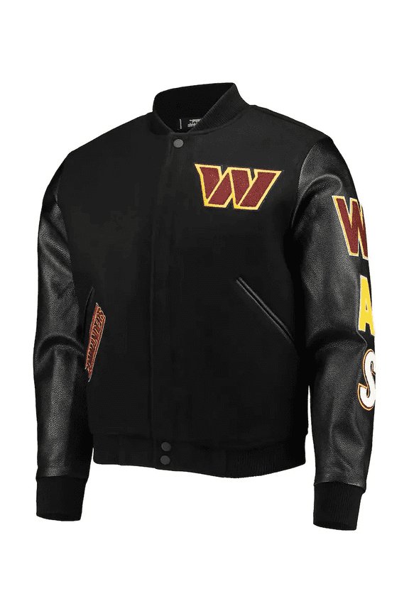 Men's Washington Commanders Letterman Black Jacket Wool Leather Sleeves Varsity