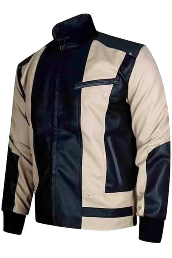 Men's Leather Bomber Jacket, Two-Tone Black and Beige, Zip Front with Stand Collar (US, Alpha, Medium, Regular, Regular, Black and Beige)