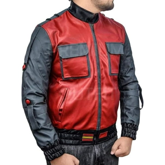 HIDE CRAFTS Men's Leather Motorcycle Jacket, Red and Black, Multi-Pocket Design with Zip Front (US, Alpha, Large, Regular, Regular, Red and Black)