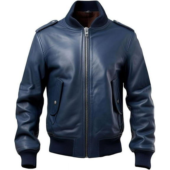HIDE CRAFTS Men’s Navy Blue Genuine Sheepskin Stylish Baseball Zip-up Sporty Bomber Leather Jacket (US, Alpha, X-Large, Regular, Regular, Blue)