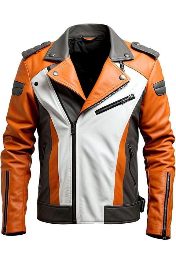 Men's Orange White Sheepskin Leather Jacket with Notch Collar, Asymmetric Zip Closure (US, Alpha, XX-Large, Regular, Regular, Orange and White)