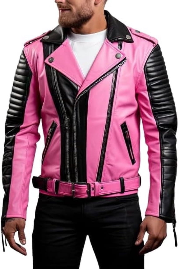 Men's Pink Black Quilted Leather Jacket, Casual Crossover Style with Zippers, Belted Style (US, Alpha, X-Large, Regular, Regular, Black and Pink)