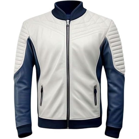 HIDE CRAFTS Men's Quilted Leather Motorcycle Jacket, White and Navy Blue, Full Zip Front, Ribbed Collar