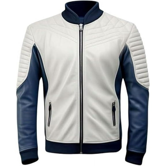 HIDE CRAFTS Men's Quilted Leather Motorcycle Jacket, White and Navy Blue, Full Zip Front, Ribbed Collar (US, Alpha, X-Large, Regular, Regular, White and Navy Blue)