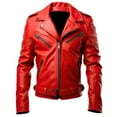 thumbnail image 1 of HIDE CRAFTS Men's Real Leather Motorcycle Jacket, Red, Stylish Racer Design with Zippers, 1 of 3