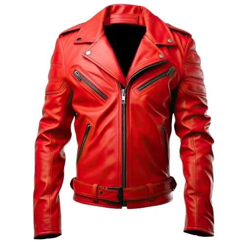 HIDE CRAFTS Men's Real Leather Motorcycle Jacket, Red, Stylish Racer Design with Zippers