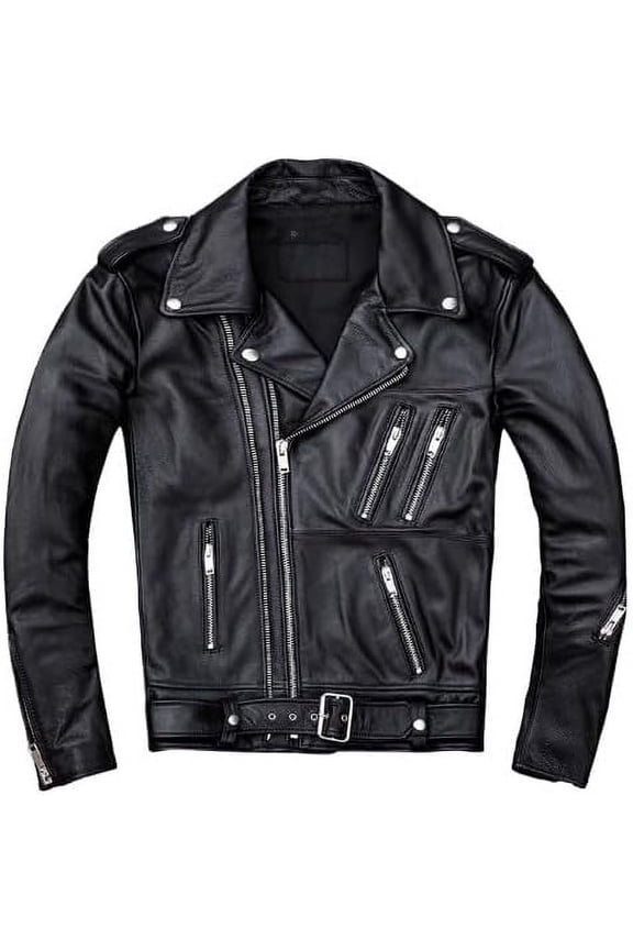 Men's Sheepskin Leather Biker Jacket, Quilted Collar, Moto Style, Brown White (US, Alpha, Medium, Regular, Regular, White and Brown)