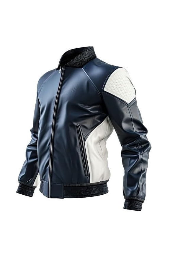 Men's Slim Fit Navy Blue White Sheepskin Leather Jacket, Diamond-Stitched Shoulders (US, Alpha, Large, Regular, Regular, Blue and White)