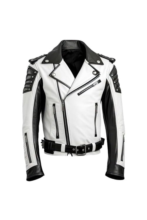 Men's White Black Sheepskin Leather Jacket, Asymmetric Crossover Style, Lightweight Belted Style (US, Alpha, Large, Regular, Regular, White and Black)
