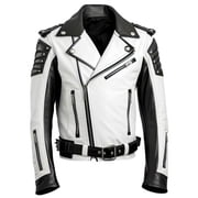Men's White Black Sheepskin Leather Jacket, Asymme