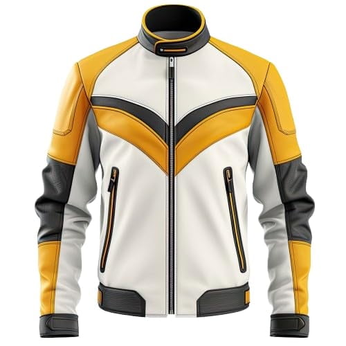 HIDE CRAFTS Men's Yellow White Sheepskin Leather Moto Jacket, Casual Racing Style, Zip Front, Stand Collar, Lightweight (US, Alpha, X-Large, Regular, Regular, White and Yellow)
