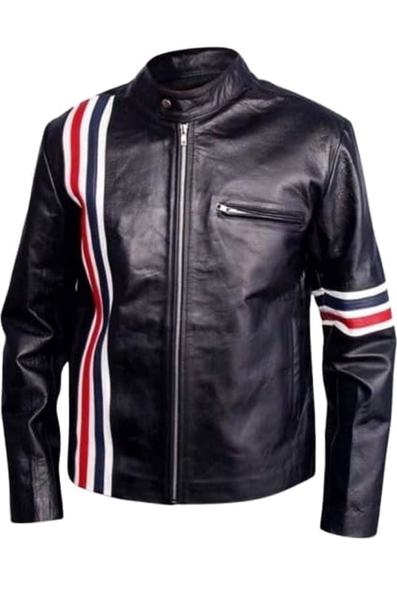 Mens Black Leather Biker Jacket, Fully Lined, USA Flag Back, Red White Blue Accents (US, Alpha, Small, Regular, Regular, Black)