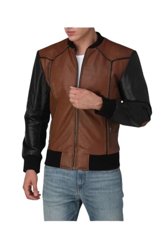 Mens Brown and Black Leather Vintage Bomber Zip Up Biker Style Fashion Jacket (US, Alpha, Small, Regular, Regular, Black and Brown)
