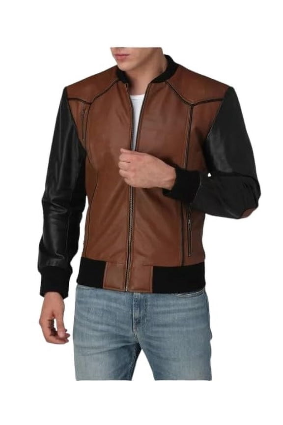 Mens Brown and Black Leather Vintage Bomber Zip Up Biker Style Fashion Jacket (US, Alpha, X-Small, Regular, Regular, Black and Brown)