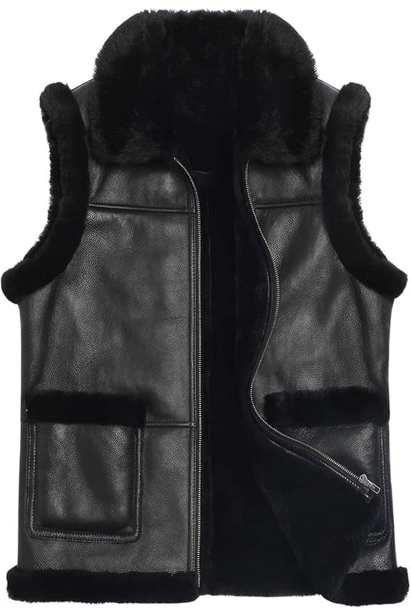 Premium Leather Shearling Vest, Black with Fur Trim, Full-Zip with Pockets (Black, Small)