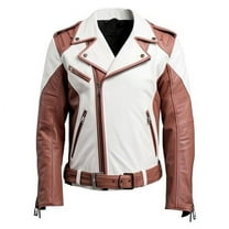 HIDE CRAFTS Premium Two-Tone Leather Motorcycle Jacket, White and Brown, Belted Biker Style with Zip Details (US, Alpha, X-Large, Regular, Regular, Rosy Brown)