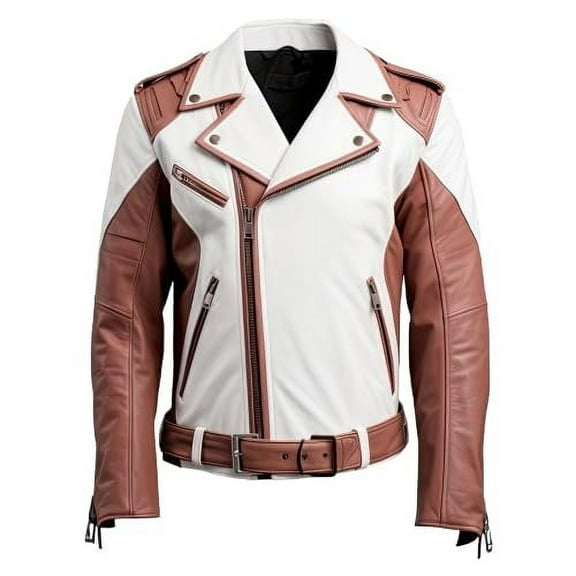 HIDE CRAFTS Premium Two-Tone Leather Motorcycle Jacket, White and Brown, Belted Biker Style with Zip Details (US, Alpha, X-Large, Regular, Regular, Rosy Brown)