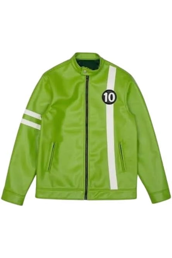 Racing Style Super Hero Jacket, Lime Green with White Stripes, Be-n Al-ien Number 10 Badge, Full Zip (US, Alpha, Small, Regular, Regular, Green)