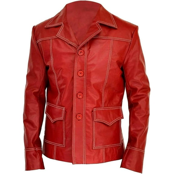 HIDE CRAFTS Red Leather Button-Down Jacket with Contrast White Stitching (US, Alpha, XX-Large, Regular, Regular, Red)