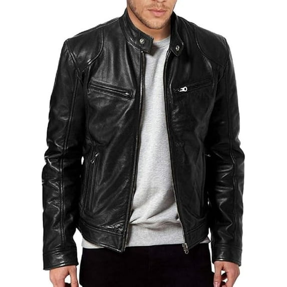 HIDE CRAFTS The Leather Factory Men's SWORD Genuine Lambskin Leather Biker Jacket (US, Alpha, Medium, Regular, Regular, Black)