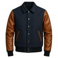 thumbnail image 1 of HIDE CRAFTS Varsity Baseball Letterman Jacket, blue Wool with brown Leather Sleeves (US, Alpha, Large, Regular, Regular, Blue and Brown), 1 of 3