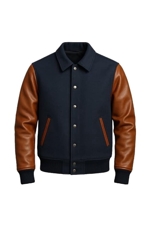 Varsity Baseball Letterman Jacket, blue Wool with brown Leather Sleeves (US, Alpha, Large, Regular, Regular, Blue and Brown)
